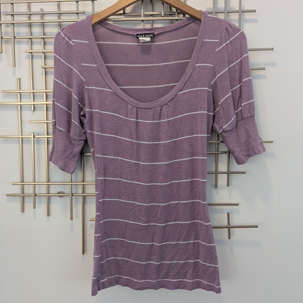 VTG Y2K Wet Seal Purple White Stripe Scoop Neck Puff Sleeve Knit Top Shirt Sz M